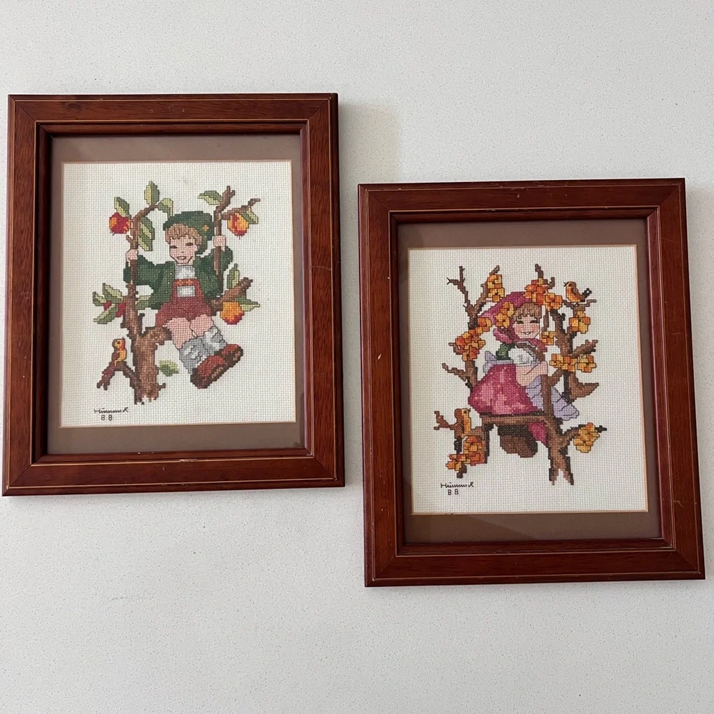 Vintage 1988 Framed Hummel Cross Stitch Needlepoint Boy And Girl Set Of 2